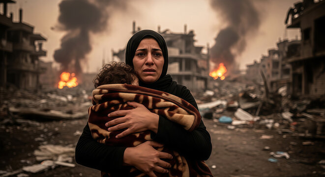 Crying woman in hijab holding her child in front of burning ruins. Devastated mother escaping conflict zone during war. Humanitarian crisis and victim of military invasion in city.