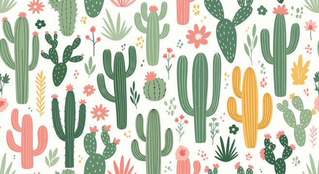 Seamless pattern of various hand drawn cacti and succulents with desert flowers in soft colors on a white backdrop.