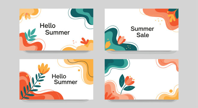 Collection of four summer sale and hello summer horizontal banners featuring abstract fluid shapes and floral elements.