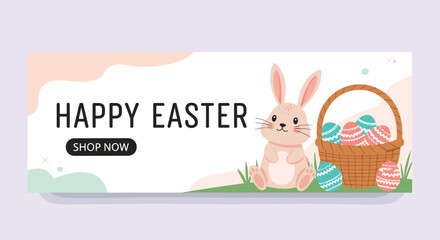 Obraz premium Happy Easter web banner featuring a cute bunny sitting next to a wicker basket full of decorated eggs on a light field.