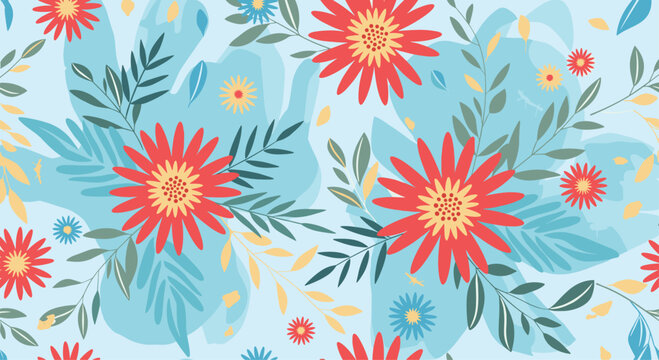 Vibrant floral seamless pattern with large red daisy-like flowers and green leaves on a soft blue textured background.
