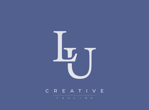 Lu monogram logo design element with creative tagline on blue background