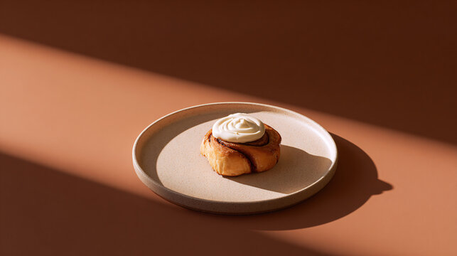 Iced cinnamon roll on a round ceramic plate, placed on a brown surface with natural light casting shadows across the scene.