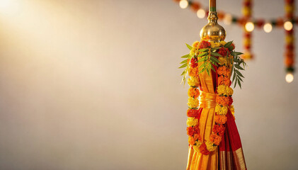 Brightly lit ceremonial decoration with a draped fabric and fresh flower garlands, evoking a sense of tradition, celebration, and spiritual warmth