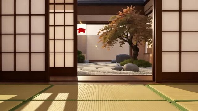 Japanese inspired minimalist interior design with tatami and zen garden tranquil atmosphere soft sunlight and natural elements