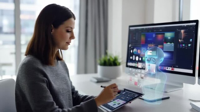 Designer collaborates with ai in modern office digital tablet innovations bright workspace creative concepts
