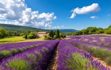 Endless Rows of Blooming Purple Lavenders in Scenic Valley Panorama