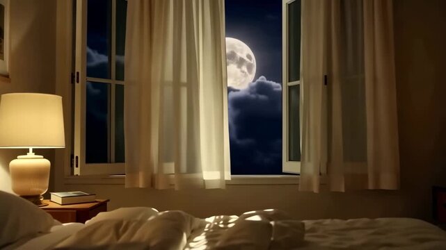 Cozy bedroom interior at night with soft lighting and moonlit window peaceful atmosphere relaxing retreat gentle shadows