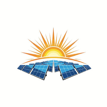 Sunset over multiple solar panels generating electricity logo concept, isolated white background