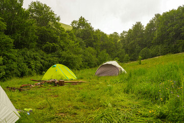 Two colorful camping tents on a forest glade during rain. © vzwer