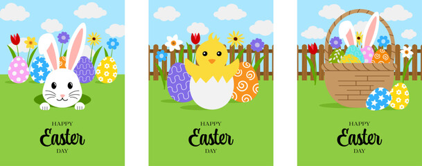 Obraz premium set of easter cards with flat illustrations. collection of easter backgrounds with cartoon rabbit, chick and basket with easter eggs