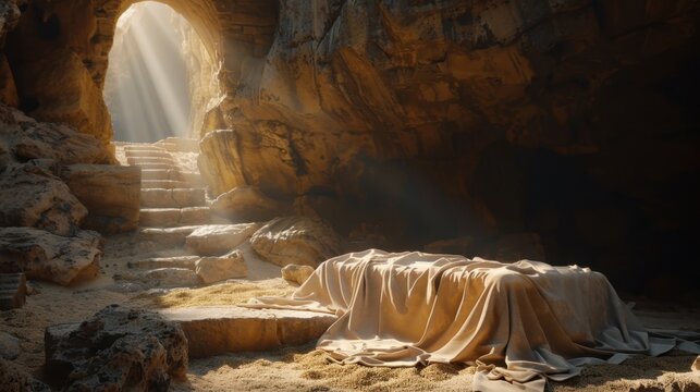 Tumba vac&iacute;a de piedra iluminada por rayos de luz divina dentro de una cueva antigua. Concepto de resurrecci&oacute;n, Semana Santa y fe cristiana
