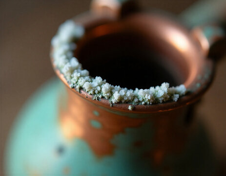 Extreme macro copper kettle spout with white limescale deposits and teal verdigris patina. Hammered texture, polished highlights, warm natural light. Rustic heritage cookware detail