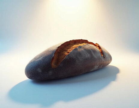 Dark charcoal sourdough batard with pronounced scoring ear, isolated in white studio space. Golden side-light creates dramatic shadow, electric blue rim accent, minimalist grid overlay