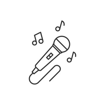 Microphone Vector line Icon, Microphone surrounded by notes symbol. microphone music logo and melody signs. editable stroke vector illustration design on white background. EPS 10