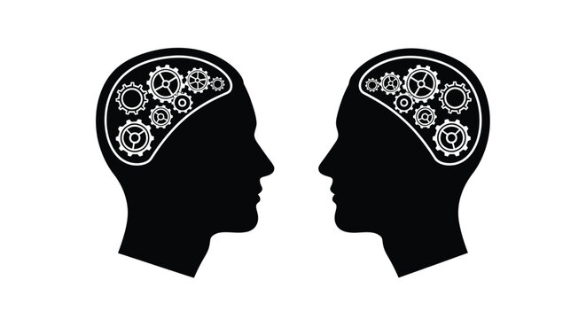 Two silhouettes of heads containing complex gear mechanisms inside