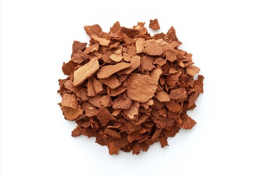 Spruce bark chips top view isolated on white background