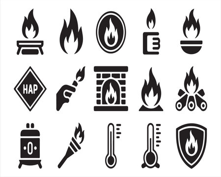 ire and heat safety line icon set with flame temperature and warning symbols