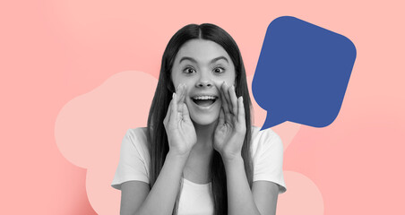 A woman stands in a set, smiling and shouting with excitement. The background has bright colors and shapes. She seems to engage with an audience, sharing a moment of joy and energy. © Prostock-studio