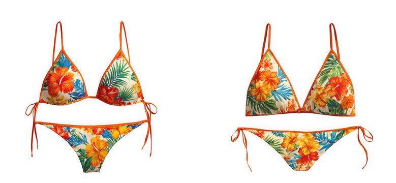 Set of floral print bikini swimsuits isolated on transparent background