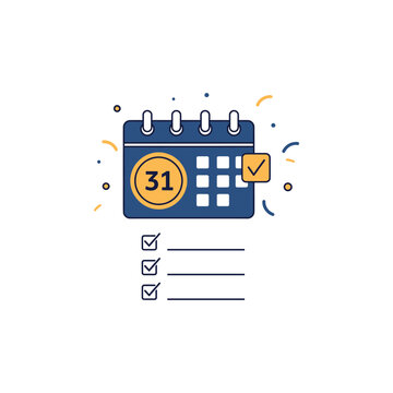 New year party planning calendar icon with countdown checklist and decorative elements