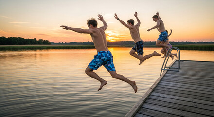 Fototapeta premium Several teenager jumping from a pier into water at sunset. It represents the concept of summer fun, friendship, and youthful energy, with scenic vista