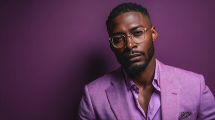 Fototapeta premium Modern Man in Purple Blazer and Trendy Glasses on Gradient Background