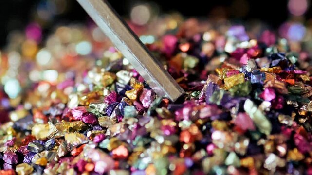 Colorful Crystal Chip Fragments Close Up with Metal Tool Moving Through Pile &mdash; Multicolor Gemstone Pieces Macro Video, Sparkling Mineral Chips for Resin Art and Craft