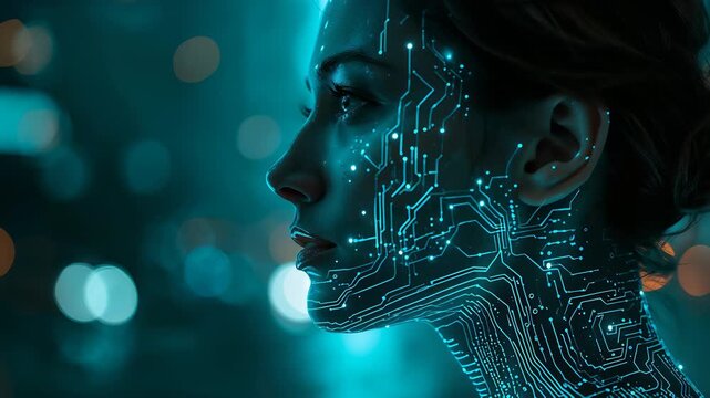 Side profile of a woman with glowing circuit patterns extending across her face and neck