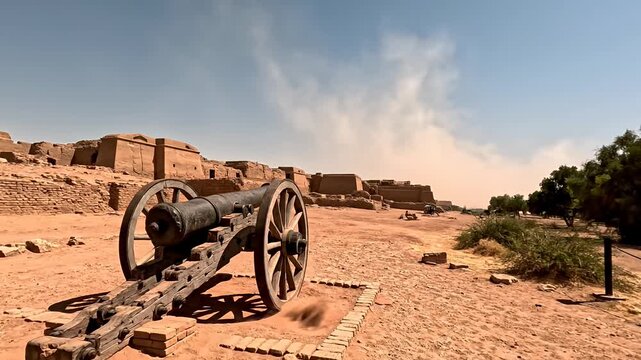 Old cannon at historical mud brick ruins in desert