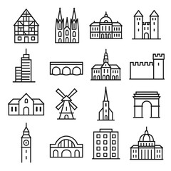 Fototapeta premium Collection of diverse architectural building icons in a clean, modern line art style
