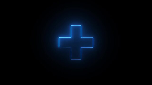 neon line plus icon. Green simple positive plus icon concept on black background. Glowing neon positive technology sign. Neon medical cross icon animation