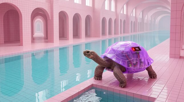 Turtle with purple translucent shell in pink tile pool room surreal vaporwave concept
