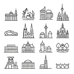 Fototapeta premium Collection of German city landmarks and symbols in a clean line art style