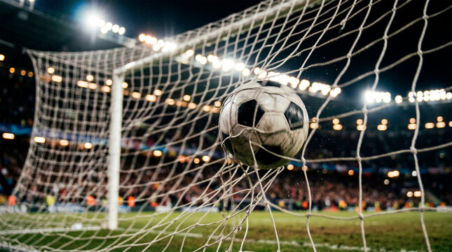 Dramatic close-up of a soccer ball in the net after a goal.