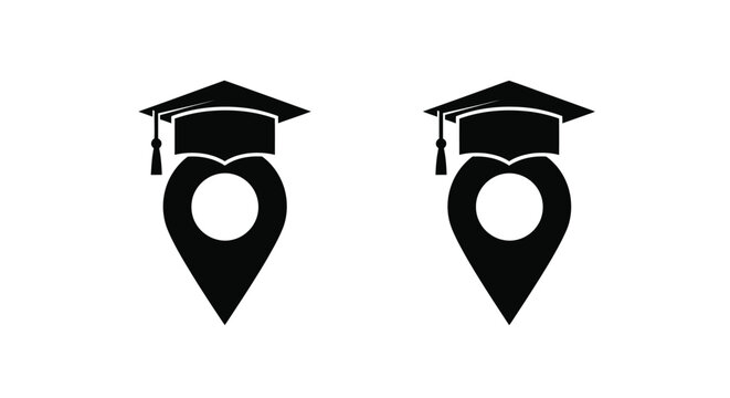 Two graduation cap and heart location pin icons in black and white