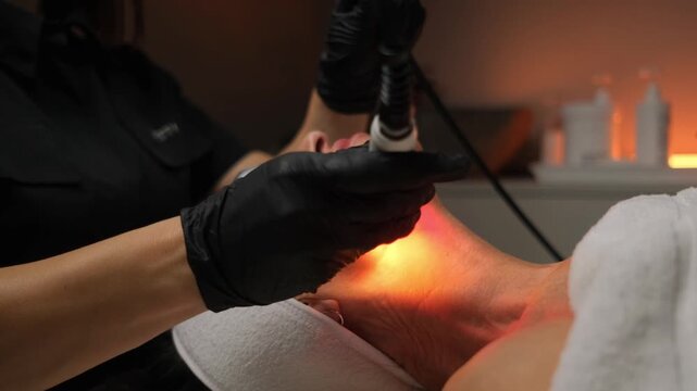 Professional cosmetologist performs a radiofrequency lifting procedure on a woman's neck and chin