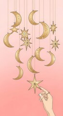 Fototapeta premium Golden moon and star mobile decoration.