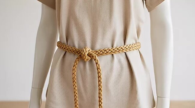 Braided Knot Belt cinching a neutral blouse dress on a mannequin torso