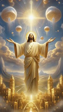 A divine figure with outstretched arms stands before a cityscape under a radiant starry sky with floating orbs