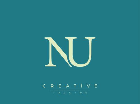 NU monogram logo design with creative tagline on teal background