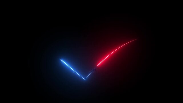 Abstract checkmark composed of vibrant red and blue light trails