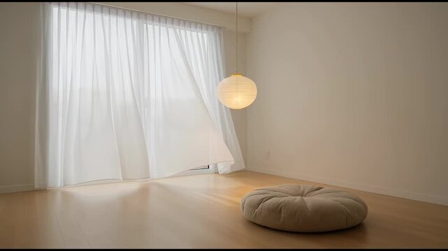 Minimalist interior featuring a round paper lantern, white curtains, and floor cushion