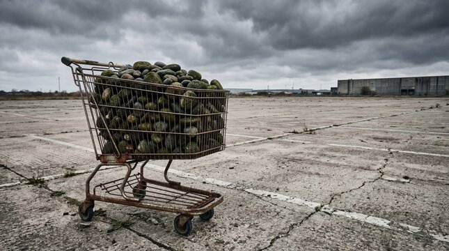 Abandoned Rusty Shopping Cart Overfilled with Large Stones in Desolate Parking Lot