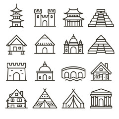 Fototapeta premium Collection of diverse architectural building icons representing different cultures and eras