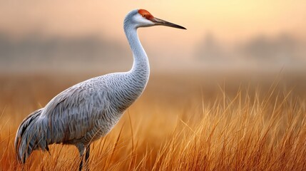 Obraz premium Sandhill Crane Standing Majestically in Tall Prairie Grass at Sunrise