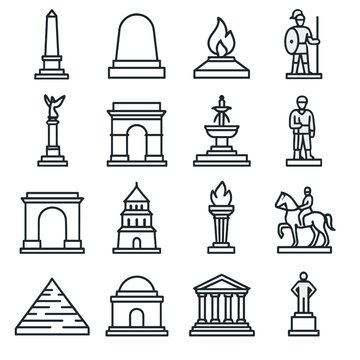 Collection of iconic monument and landmark line art icons representing global architecture and history