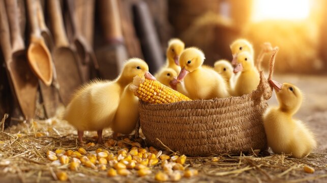 Yellow Ducklings Pecking at Corn in a Basket Surrounded by Tools