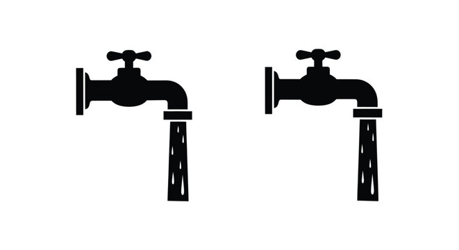 Two black silhouette icons of vintage style water faucets on white