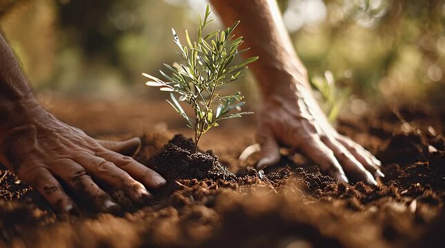 Hands planting a young tree sapling in rich soil